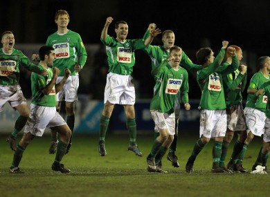 Bray players celebrate after the penalty shouut-out win at the Carlsisle grounds last night.