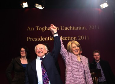 Michael D Higgins and wife Sabina celebrate in Dublin Castle tonight after the first count