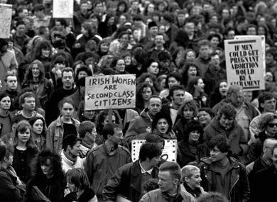 People call for more information about abortion during a demonstration in February 1992.
