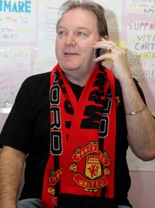 Jim Power on the phone with Manchester United boss Sir Alex Ferguson on day 154 of the protest