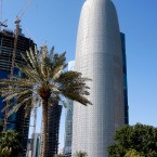 The distinctive cylindrical form is elegant and efficient, creating a distinctive new landmark for the fast-growing Qatar capital. The façade is constructed of multi-layered patterns invoking ancient Islamic screens designed to shade buildings from the sun. Similar in concept to Mr. Nouvel’s Torre Agbar office building in Barcelona, the Doha tower is the first tall building to use a reinforced concrete dia-grid columns in a cross shape. There is no central core, maximizing the interior space available for tenants. (Courtesy of architect Ateliers Jean Nouvel)