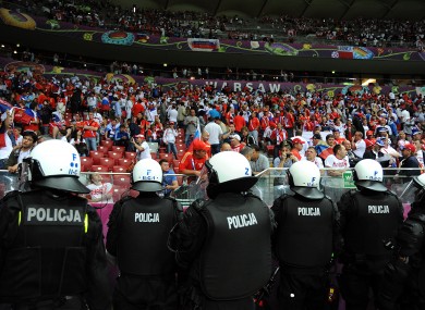 Riot police at the final whistle in Warsaw.
