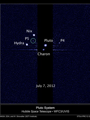 Image from the Hubble telescope showing the location of the fifth moon
