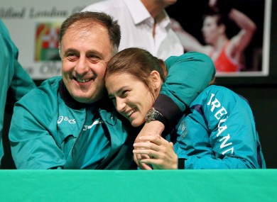 Boxing coach Zaur Antia and Katie Taylor at the National Stadium last night.
