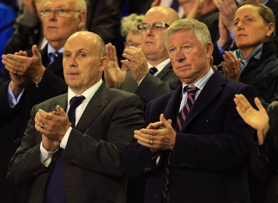 Manchester United manager Alex Ferguson (right) and assistant manager Mike Phelan (left) in the stands at Goodison Park during Everton's Hillsborough tribute.