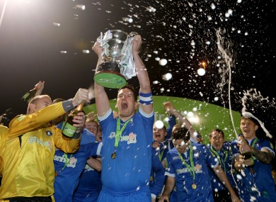 Award: Limerick FC skipper Pat Purcell, named today on the First Division team of the year, lifts the league trophy.