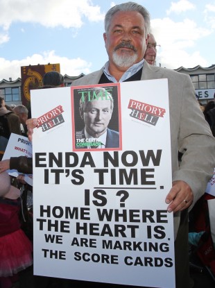 George Finglas protests at the one year anniversary of the Priory Hall evacuation.