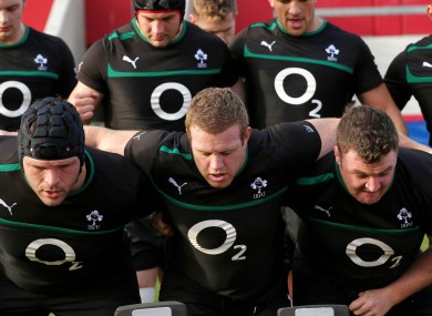Ireland's front row of Mike Ross, Sean Cronin and David Kilcoyne during scrummaging training today.