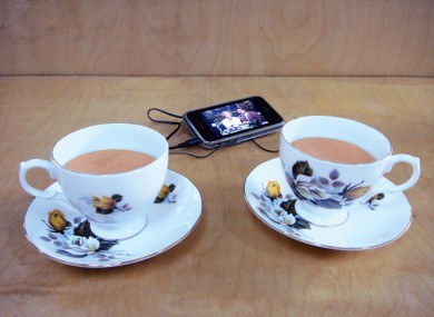 Nicky Hooper's 'Tea and Symphony' is made from portable speakers, tights and china teacups - all of which were bought in a €2 shop.