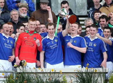 Limerick captain Seanie Buckley lifts the Division 4 trophy with teammates.