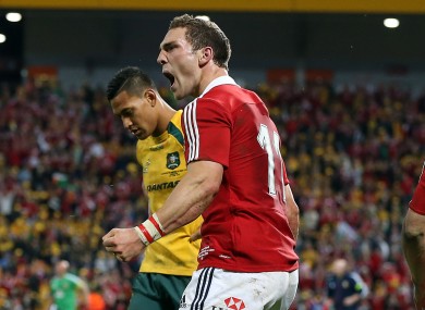 George North celebrates scoring a try for the Lions against Australia.
