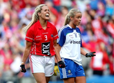 Cork's Brid Stack celebrates Valerie Mulcahy's goal.