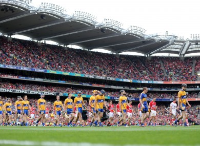 Cork and Clare players during the pre-match parade before their recent All-Ireland final.