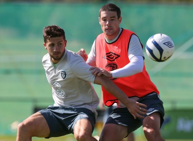 Shane Long and Darren O'Dea in Ireland training at Malahide today.