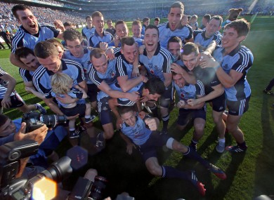 The Dublin team celebrate in front of Hill 16.