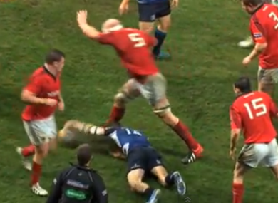 A video still captures the moment when Paul O'Connell's foot connects with Dave Kearney's head.