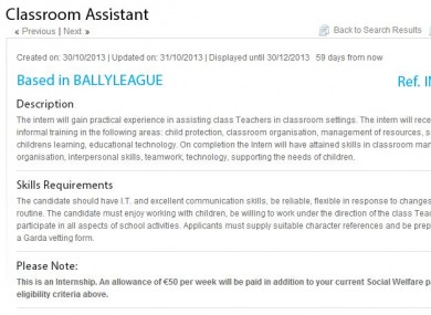 One of the current postings for a Classroom Assistant