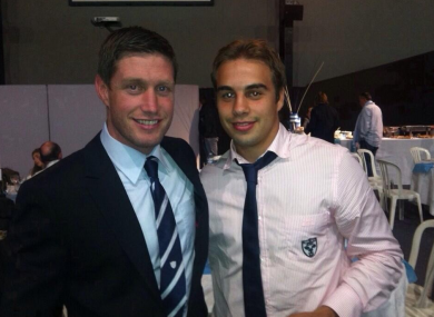 Ronan O'Gara and James Hart pose for a picture after Grenoble defeated Racing Metro.