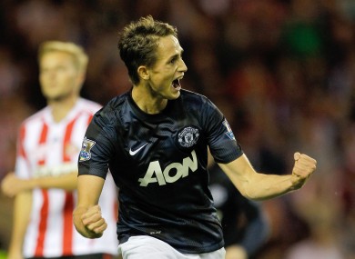 Adnan Januzaj celebrates his second goal against Sunderland yesterday.